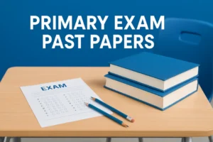 primary past papers with textbook, pencil and paper on desk